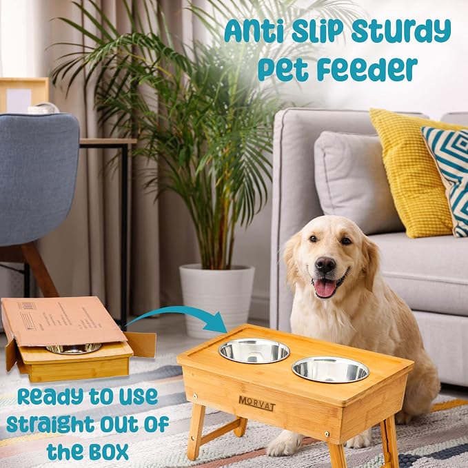 Morvat Raised Bamboo Wood Double Pet Feeder, Adjustable to 3 Heights, Elevated Feeding Station Stand for Small Medium & Large Dogs Puppies & Cats, Includes 4 Stainless Steel Food & Water Dish Bowls - Image 3