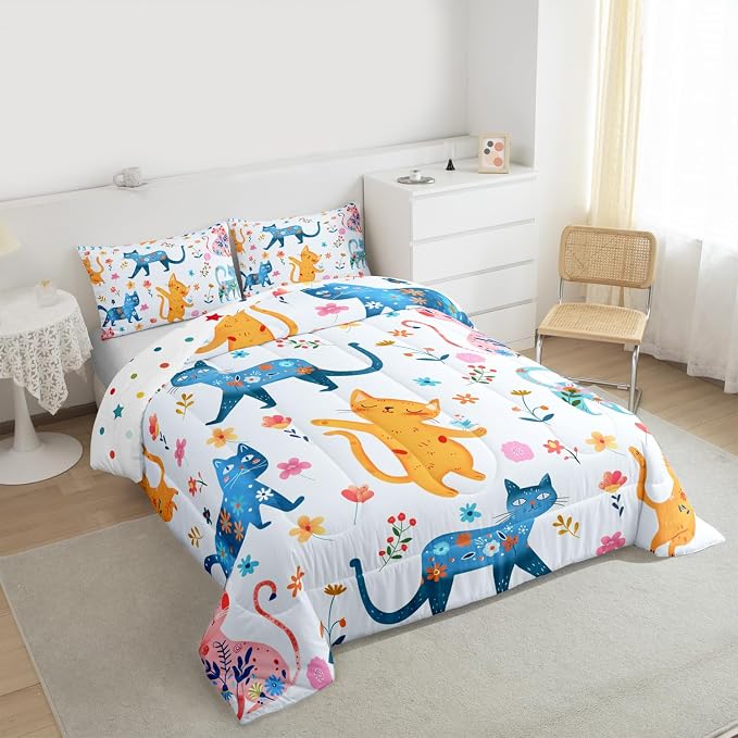 Feelyou Cute Cat Flower Bedding Set Soft for Boys Girls, Cartoon Floral Kawaii Comforter Set Twin Size Funny Cats Animals Duvet Quilt Microfiber Rainbow Printed Bedroom Decor 2 Pcs with 1 Pillow Cases - Image 2