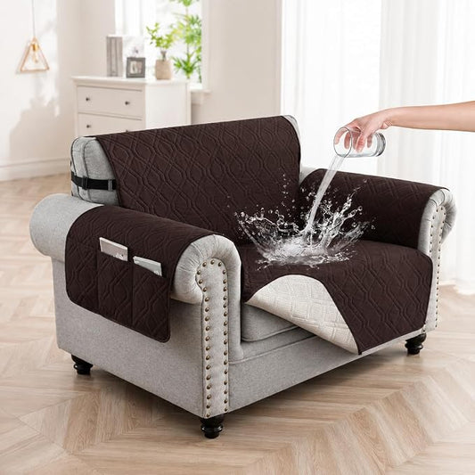 100% Waterproof Quilted Couch Cover,Straps&Pockets,23" Chocolate | Washable sofa cover, pet-friendly, scratch-resistant furniture protector, quilted sofa cover, reversible, non-slip backing. by Unknown