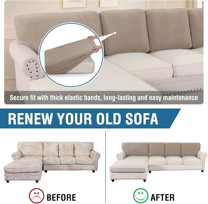H.VERSAILTEX Backrest Cushion Covers Sectional Couch Back Cushion Covers for Sectional Sofa Set for Both Left/Right Couch (Back Only: 1 Chaise + 3 Sofa, Sand) - Image 5