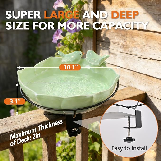 Glazed Ceramic Bird Bath for Deck Railing, 11 Inch Outdoor Bird Feeder Bowl with Adjustable Clamp, Easy Install Balcony/Patio Birdbath for Outside Garden Backyard Decoration, Green - Image 5