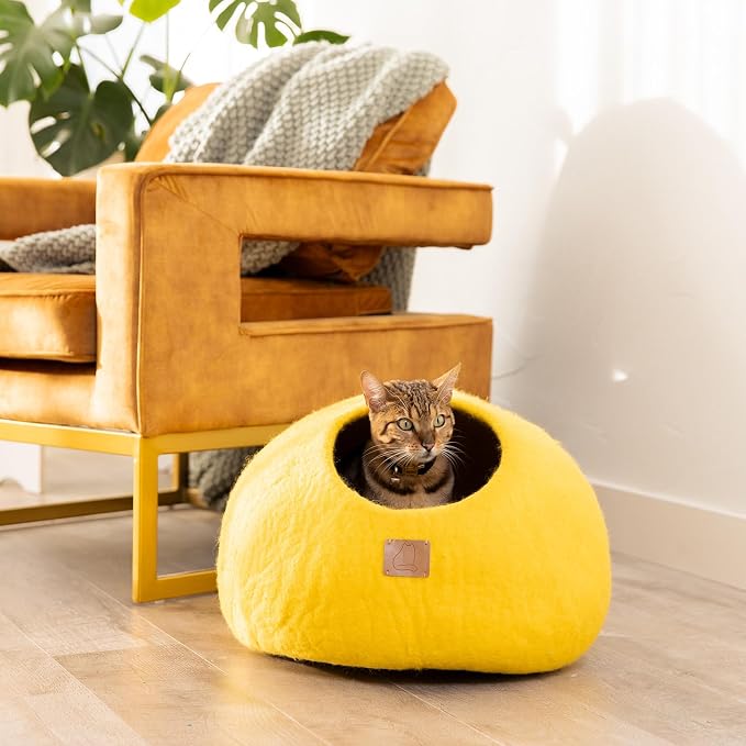 Best Aesthetic Cat Bed - Premium Felted Wool Cat Cave Bed - Cozy Peekaboo Round Cave for Large or Small Cats (Large, Sunny Yellow) - Image 2