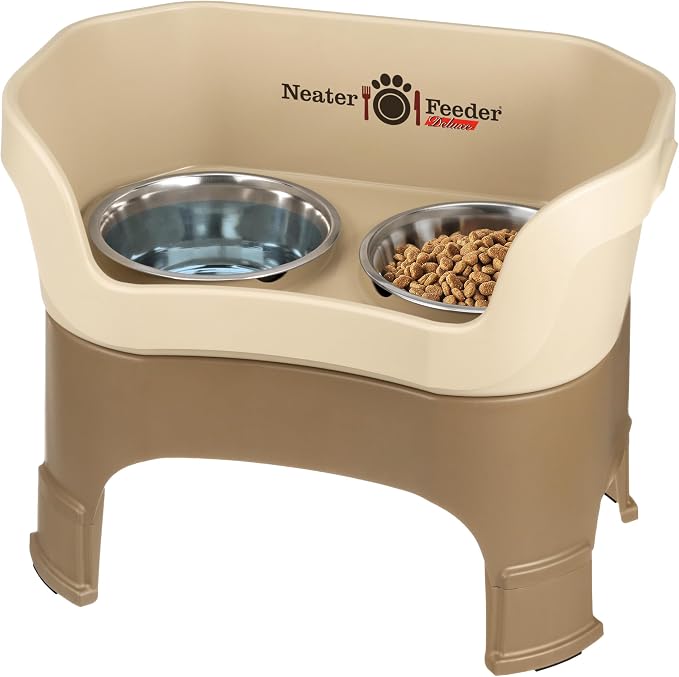 Neater Feeder Deluxe Mess-Proof Elevated Dog Bowls for Large Dogs (40+ lbs), 2 Height Adjustable (14.5” & 17.5”) No-Spill Raised Dog Bowl Stand, Stainless Steel Food Bowl Set, Made in USA, Cappuccino by NeaterPetBrands