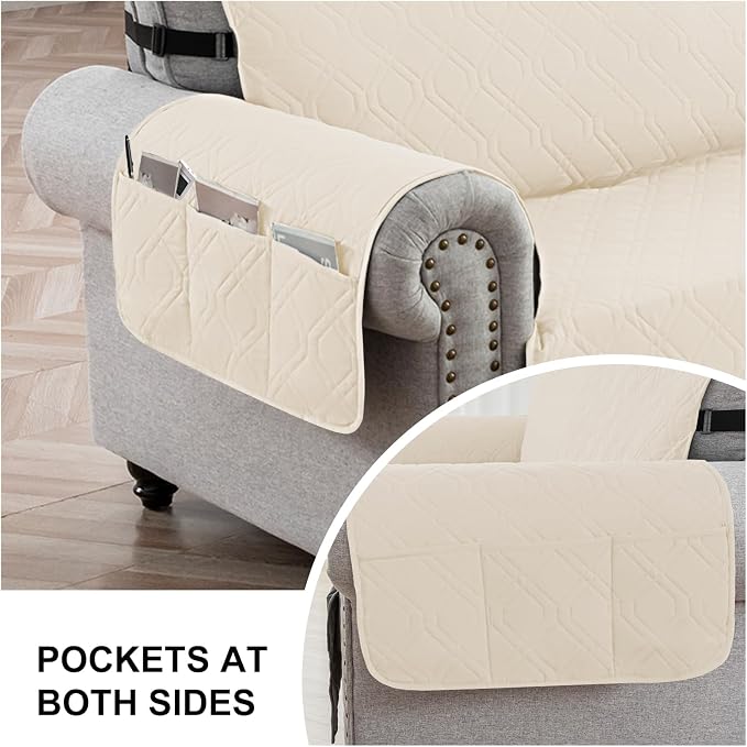 100% Waterproof Couch Cover, Straps&Pockets,pet Friendly,68" Beige | Washable sofa cover, pet-friendly, scratch-resistant furniture protector, quilted sofa cover, reversible, non-slip backing. - Image 5