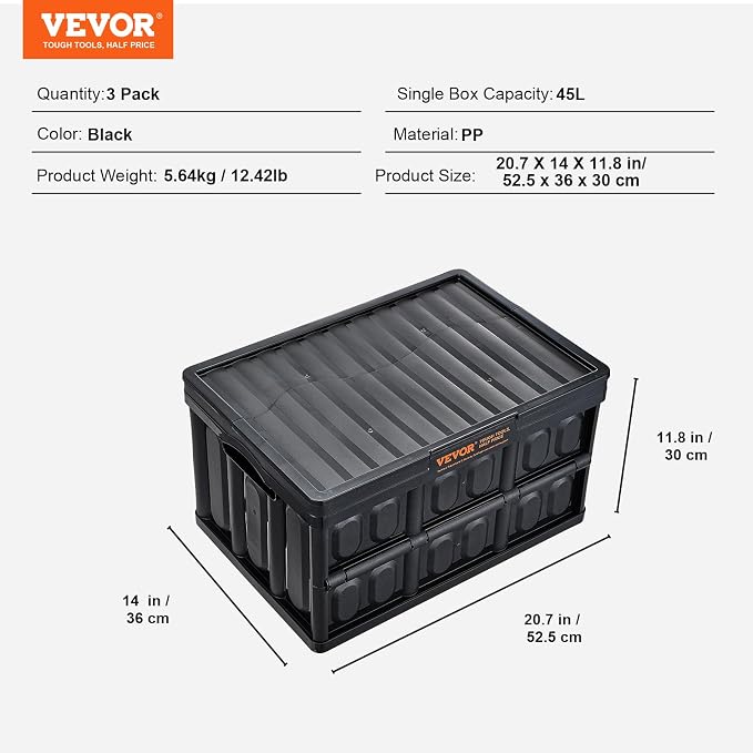 VEVOR 45L Collapsible Storage Bins with Lids 3 Packs, Stackable Utility Crates with Handles, Large Folding Containers for Organizing Tools, Snacks, Books, Food, Drinks, Camping & Transport - Image 8
