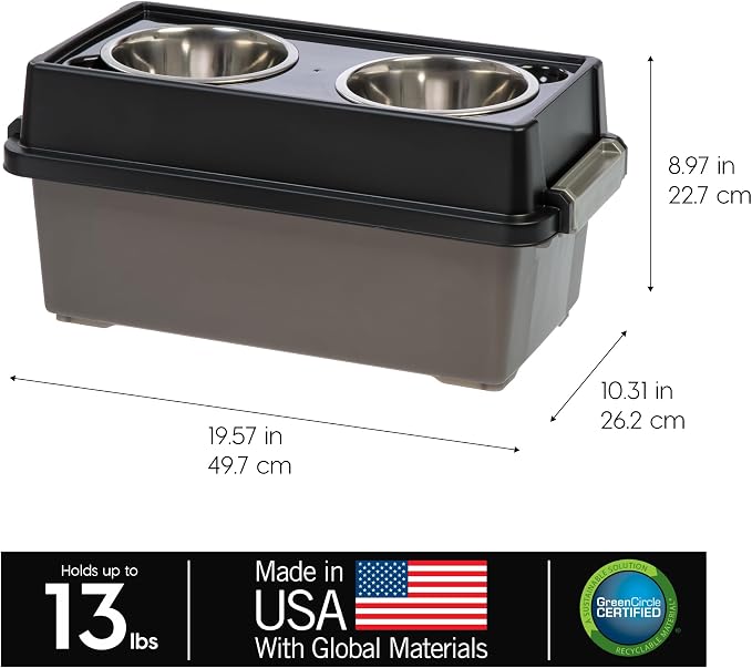 IRIS USA Dog Bowls Elevated with Storage, 9" H Raised Feeding Station with Airtight Food Container Holds Up to 13 lbs, Dog Bowl Stand for Small Dogs, Indoor Pet Feeder, Smoke/Black - Image 2