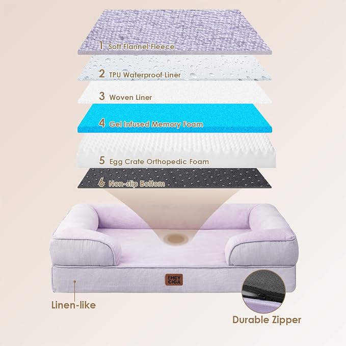 EHEYCIGA Orthopedic Dog Beds Large Sized Dog, Waterproof Washable Pet Bed | Non-Slip Bottom and Egg-Crate Memory Foam XL Dog Couch Bed with Washable Removable Cover, Lilac, 41Inch - Image 5