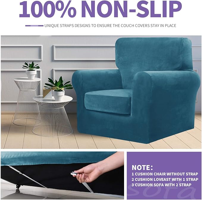 ZNSAYOTX Luxury Velvet Couch Cover 4 Piece (72"-92") Stretch Sofa Covers for 3 Cushion Couch Thick Soft Sofa Slipcover with Non Slip Strap, Dog Pet Friendly Nice Furniture Protector (Peacock Blue) - Image 5