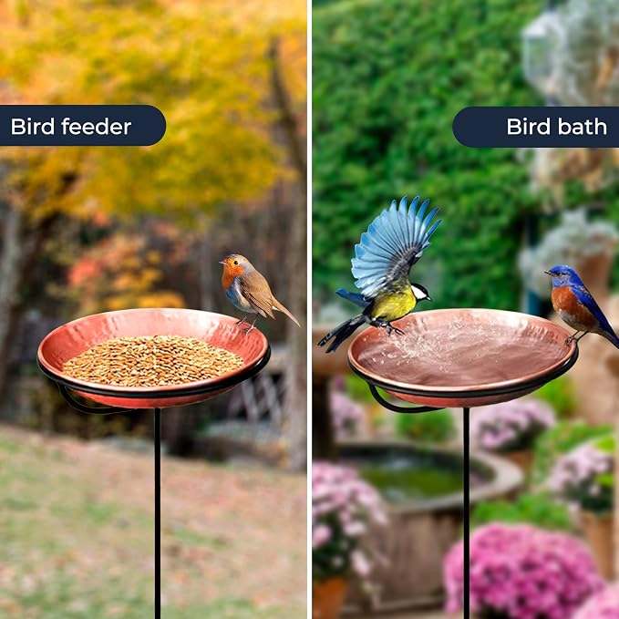 Monarch Abode Standing Bird Bath & Bird Feeder for Outdoors – Pure Copper Hand Hammered Birds Bath Bowl w/ 34-inch Detachable Iron Stand, Wild Birdfeeder and Birdbath for Outside Garden Backyard - Image 2