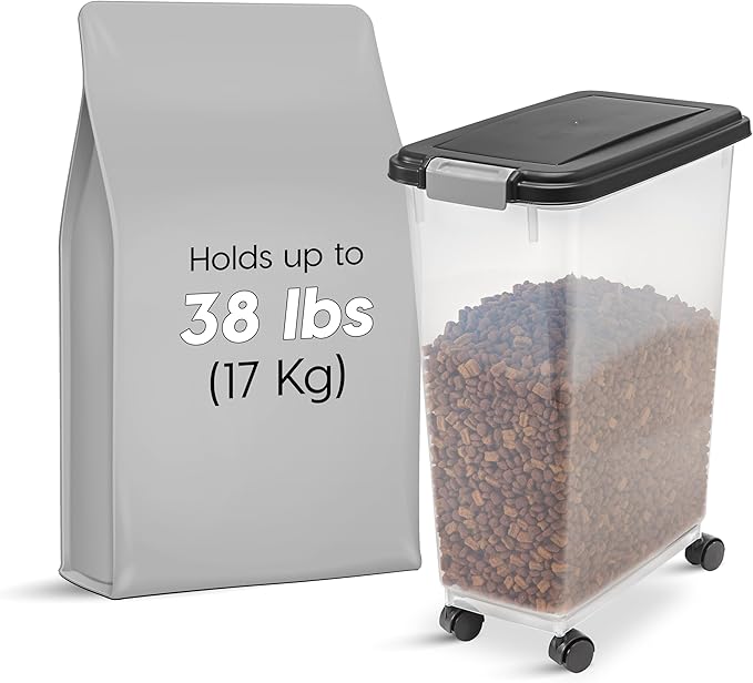 IRIS USA Airtight Dog Food Storage Container, Up to 38 lbs, Attachable Wheels, For Dog Cat Bird and Other Pet Food Storage Bin, Keep Fresh, Translucent Body, Easy Mobility, Black - Image 2