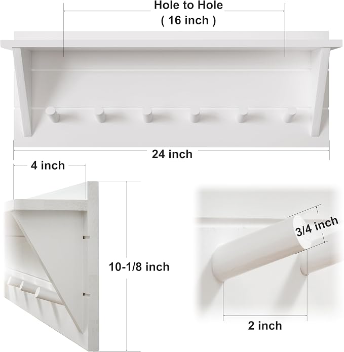 WEBI Coat Rack Wall Mount with Shelf,24" Long Entryway Wall Shelf with Hooks Underneath,6 Peg Hooks for Hanging Coats,Caps,Jacket,Clothes,White - Image 3