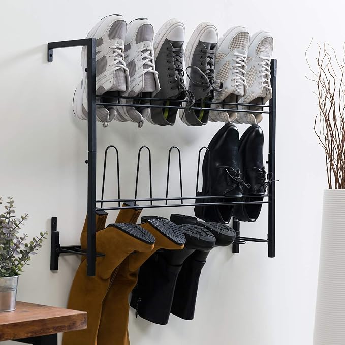 MyGift Black Metal Wall Mounted Shoe Rack Organizer, Holds 9 Pairs | Vertical storage helps clear floor space while keeping footwear neatly arranged and accessible in dressing areas or closets - Image 2