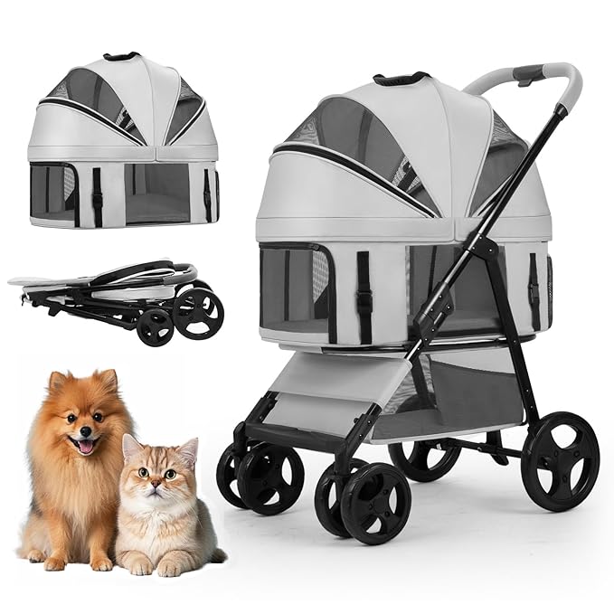4 Wheels Pet Stroller for Small/Medium Dogs and Cats,Dog Stroller with Detachable Carrier and Storage Basket,One Click Folding, Compact Portable,Up to 50lbs,3 in1 Multifunctional(Grey)