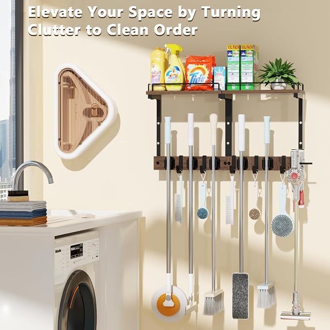 Mop Holder Wall Mount with Cleaning Supplies Organizer, Wood Mop and Broom Hanger Rack Organizer with Anti-Fall Wall Shelf with 5 Clips & Hooks for Garage Laundry Room Kitchen (Dark) - Image 2