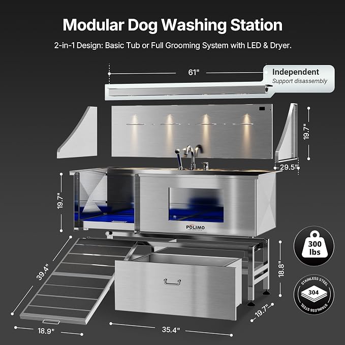 POLIMO Dog Washing Station with LED Display 61" (Left Ramp), 304 Stainless Steel Dog Bathtub for Large, Medium & Small Dogs, Professional Grooming Tub with Faucet, Storage Drawer, Floor Grate, Window - Image 4