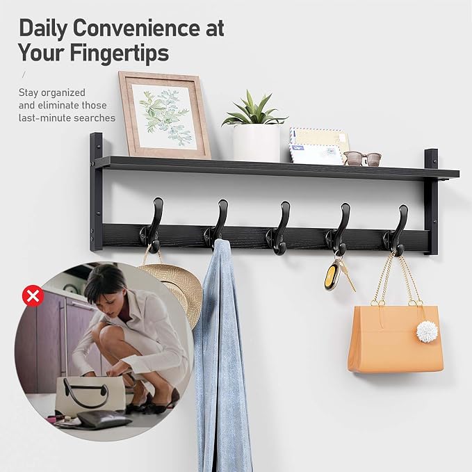 Tatub 29" Rustic Coat Rack Wall Mount with Shelf, Entryway Wall Hooks with Shelf, Coat Hangers for Bathroom, Living Room, Bedroom, Black - Image 7