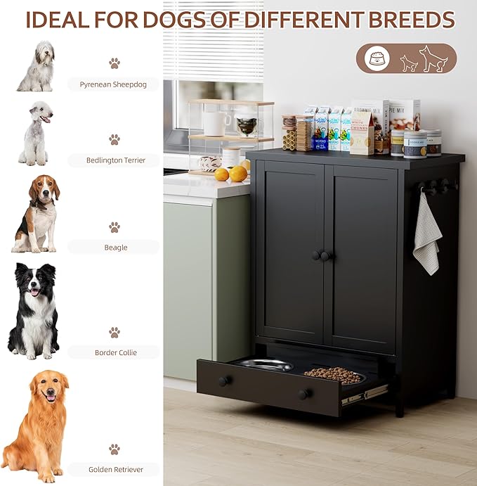 Dog Feeding Station with Storage, Metal Dog Food Storage Cabinet with 2 Elevated Bowls and 3 Hooks, Pet Feeding Station and Food Storage Organizer, Black - Image 4