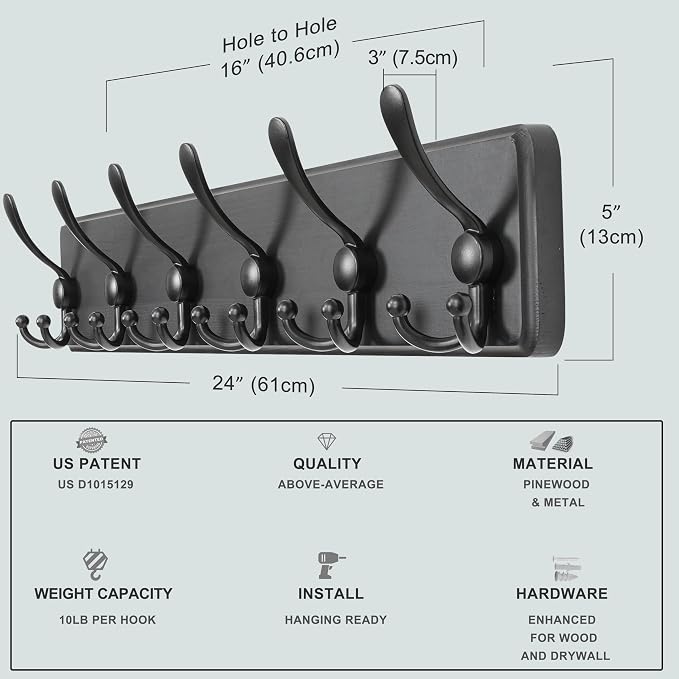 Dseap Coat Rack Wall Mounted - 24" Long 6 Tri Hooks, Heavy Duty Wooden Wall Coat Hanger Coat Hook for Clothes Hat Jacket Clothing, Black, Pack of 2 - Image 6