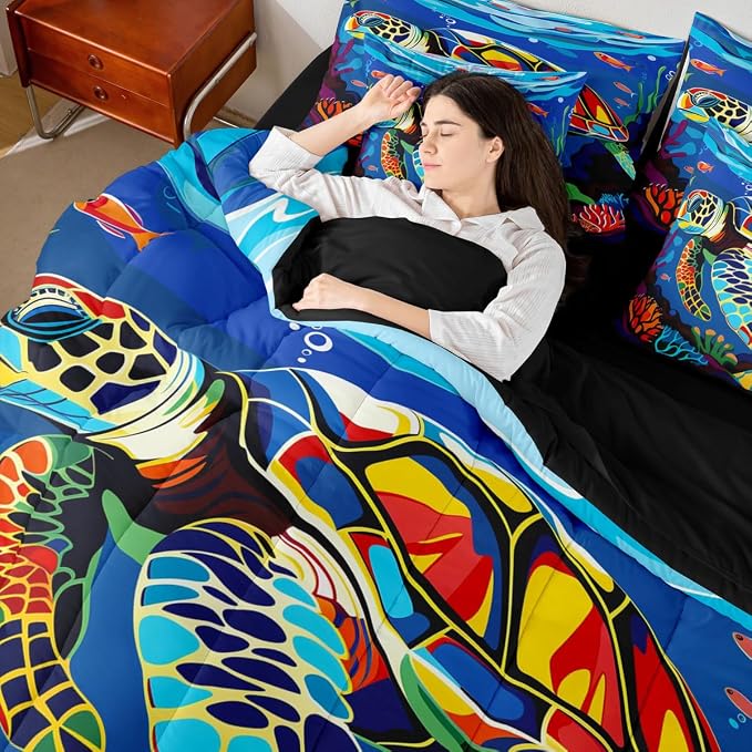 Erosebridal Sea Turtle King Size Comforter Set with Sheets, Ocean Life Bed in A Bag for Kids Teens Youth Adults Bedroom, Underwater World Sea Animal 7 Pcs Bedding Set, Watercolour Coral Bed Sets - Image 7