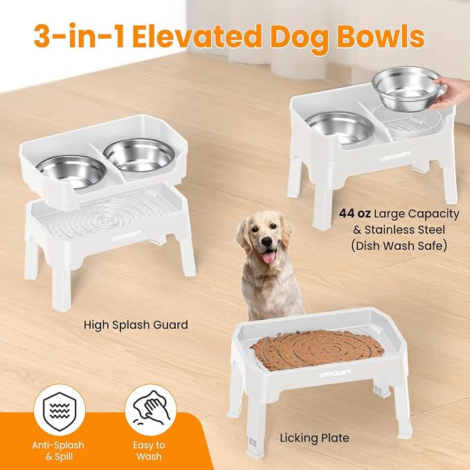 URPOWER Elevated Dog Bowls, 3-in-1 Double Deck Raised Dog Bowl Stand | 4 Height Adjustable Raised Stand with 2 Stainless Steel Food Bowls & Licking Plate for Small, Medium & Large Dogs - Image 4