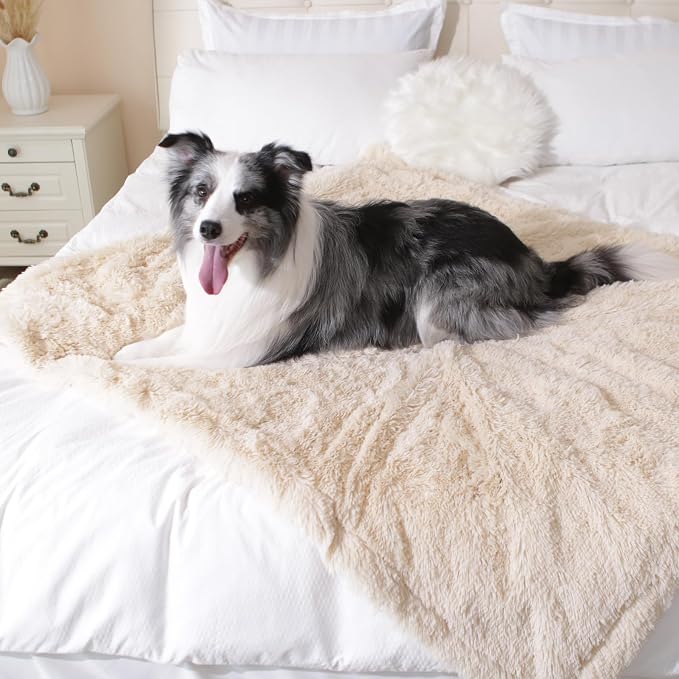 gogobunny Waterproof Dog Blanket for Couch & Furniture Protection - Super Soft Reversible Throw for Large Dogs & Cats, Calming Washable Fur & Sherpa Pet Blanket (50x60 Inch, Beige) - Image 4
