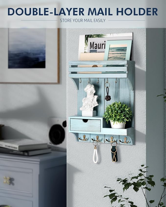 Rebee Vision Key Holder Wall Mount with Drawer & Shelf for Entryway, Blue | Sturdy Wood, Key Holder for Wall, 9 Sturdy Hooks, Floating Shelf, Plant Display, Drawer Organizer, Mail Sorter, Home Decor - Image 4