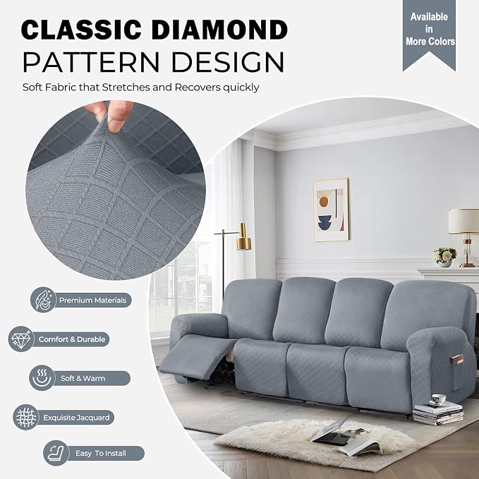 vctops Diamond Recliner Sofa Covers 10-Pieces Stretch Large RV Couch Covers for 4 Seats Reclining Slipcovers Soft Solid Furniture Protector (Light Grey,4 Seat) - Image 3