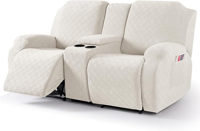 VANSOFY Recliner Loveseat Cover with Middle Console Stretch Reclining Sofa Slipcover for 2 Seat Jacquard Reclining Couch Sofa Covers Furniture Protector with Elastic Straps Bottom (Off White) | 4-Pieces, Soft Furniture Protector, Washable Slipcover wit... by VANSOFYFURNITURECOVERS