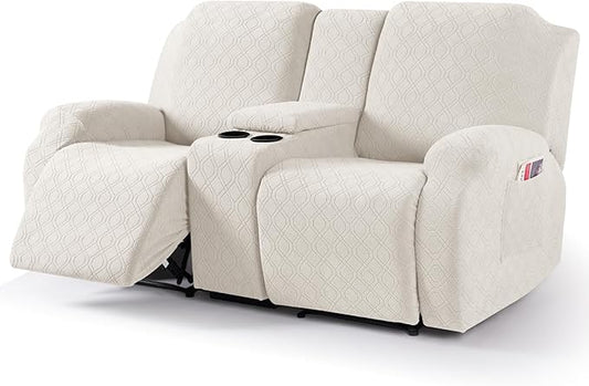 VANSOFY Recliner Loveseat Cover with Middle Console Stretch Reclining Sofa Slipcover for 2 Seat Jacquard Reclining Couch Sofa Covers Furniture Protector with Elastic Straps Bottom (Off White) | 4-Pieces, Soft Furniture Protector, Washable Slipcover wit... by VANSOFYFURNITURECOVERS
