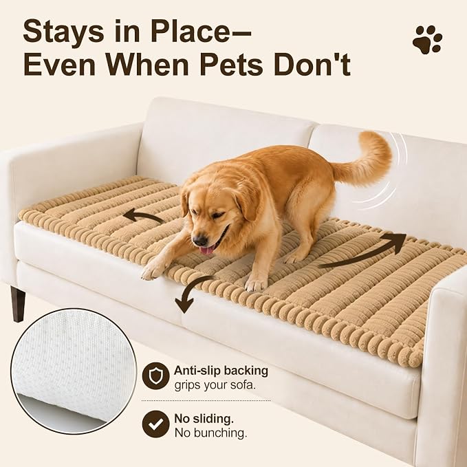 decorUhome Couch Cover for Dogs, Non Slip Fuzzy Thick Pet Sofa Protector | Pet Friendly, Machine Washable, Fits 4-Cushion Sofa, Protects Against Pet Hair, Scratches & Daily Messes, Camel, 27.6" x 88" - Image 3