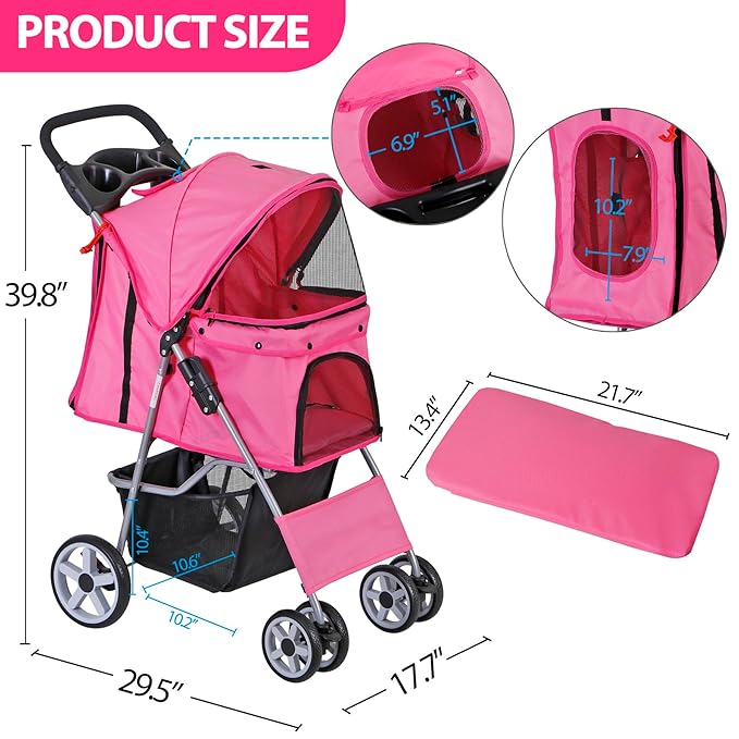 Pet Stroller 4 Wheels Dog Cat Stroller for Small Medium Dog Cats Carrier Jogger Travel Foldable Puppy with Storage Basket and Cup Holder (Pink)