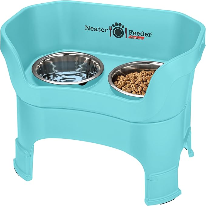 Neater Feeder Deluxe Mess-Proof Elevated Dog Bowls for Large Dogs (40+ lbs), 2 Height Adjustable (14.5” & 17.5”) No-Spill Raised Dog Bowl Stand, Stainless Steel Food Bowl Set, Made in USA, Aquamarine by NeaterPetBrands