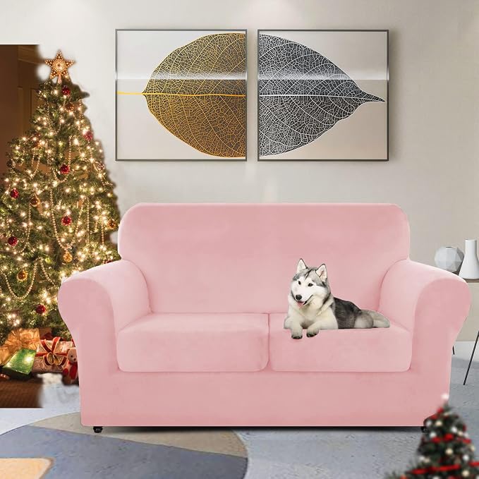 ZNSAYOTX Luxury Velvet Sofa Cover 3 Piece (57"-70") Stretch Loveseat Covers for 2 Cushion Couch Thick Soft Couch Slipcover with Non Slip Strap, Dog Pet Friendly Nice Furniture Protector (Rose) - Image 2
