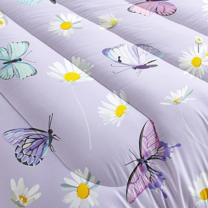 QOOMO Butterfly Comforter Set for Kids Teens Girls Women,Daisy Kids Bedding,1 Comforter with 2 Pillowcase, Microfiber 3 Piece Bedding Set for All Seasons，Twin Size - Image 5