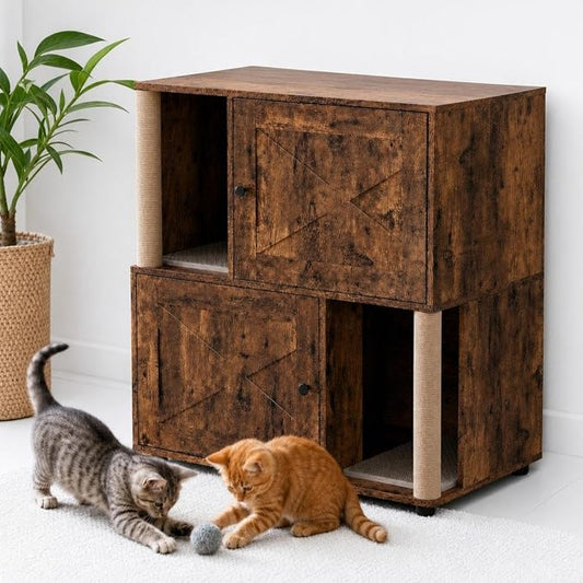 Garvee Double Layer Cat Litter Box Furniture, 2 in 1 Hidden Litter Box Furniture with Scratching Post and Litter Mats, Wooden Corner Cabinet Cat Washroom Bed by Garvee