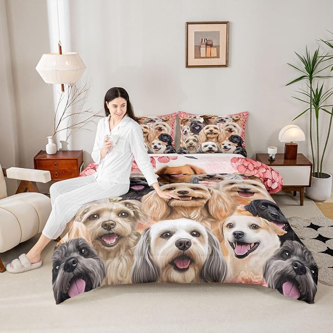 Feelyou Cute Dog Bedding Set Cartoon Animal Comforter Set for Kids Boys Girls Pet Dog Lover Decor Comforter Floral Plants Red Quilt Room 3Pcs Queen Size Boys - Image 5