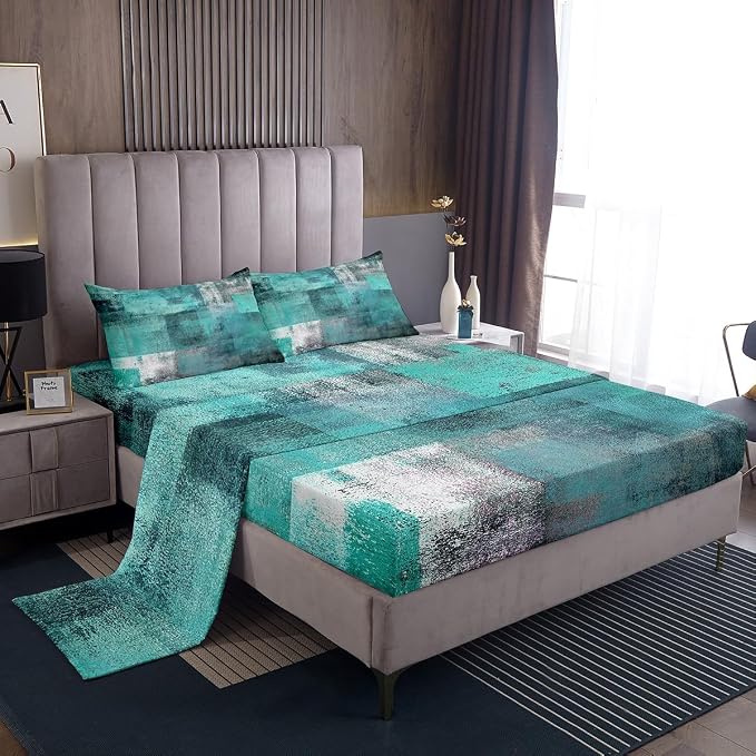 Erosebridal Teal Bed Sheets Set for Kids Boys Girls,Mid Century Sheet Set Full,Oil Painting Sheets,Watercolor Ombre Abstract Art Flat Fitted Sheet with 2 Pillowcases Bedroom Decor by Erosebridal