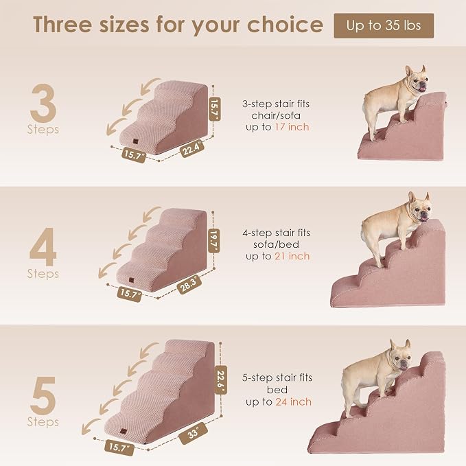 EHEYCIGA Curved Dog Stairs Ramp for High Beds 22.6" H, 5-Step Dog Steps for Small Dogs and Cats, Pet Stairs for High Bed Climbing, Non-Slip Balanced Pet Step Indoor, Dusty Pink - Image 2