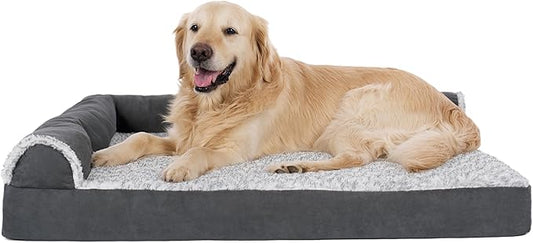 Furhaven Orthopedic Dog Bed for Large Dogs w/ Removable Bolsters & Washable Cover, For Dogs Up to 95 lbs - Two-Tone Plush Faux Fur & Suede L Shaped Chaise - Stone Gray, Jumbo/XL by FurHaven