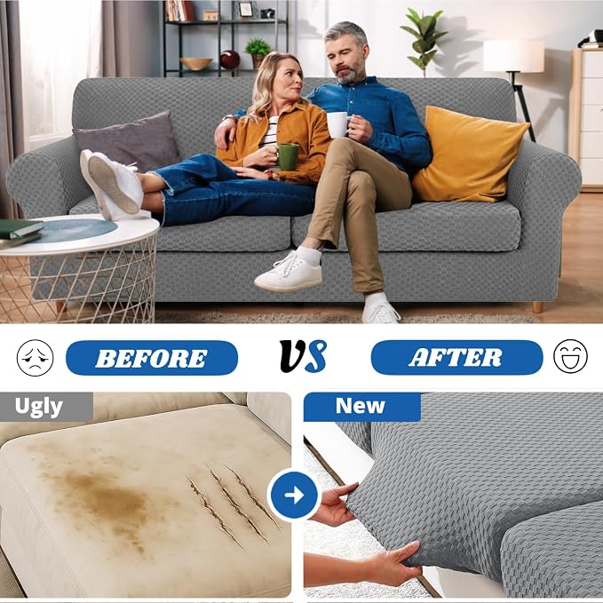 YEMYHOM Latest Checkered 3 Pieces Couch Covers for 2 Cushion Couch High Stretch Sofa Cover with 2 Extra Large Seat Cushion Covers Anti Slip Elastic Slipcovers (Light Gray), 71"-91"(2 Cushions) - Image 7