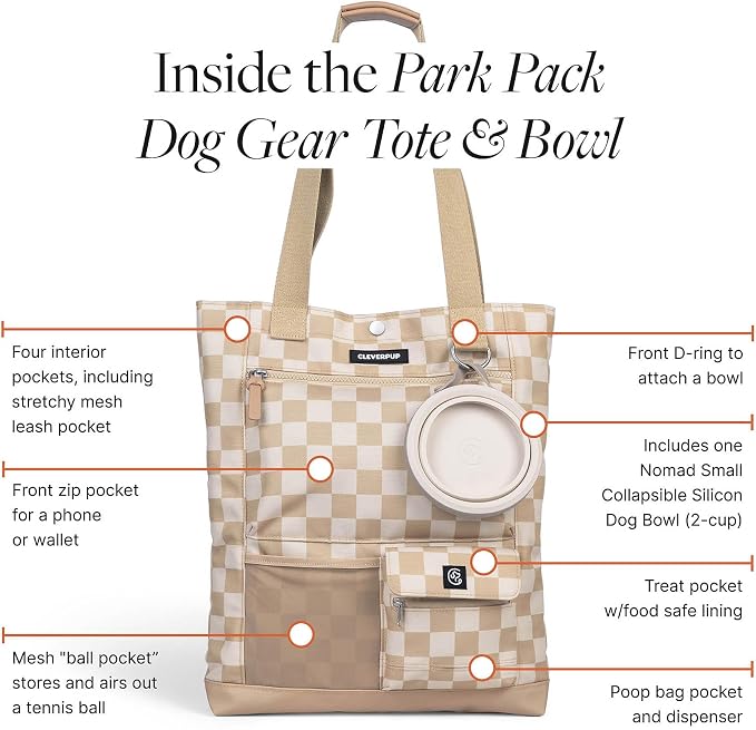 Cleverpup Park Pack 2-Piece Set Dog Gear Tote – Dog Travel Bag with 8 Pockets, Treat Pouch, Poop Bag Dispenser, Quick-Dry Ball Pocket, Collapsible Bowl, Perfect for Walks & Park Trips, Checkerboard - Image 2