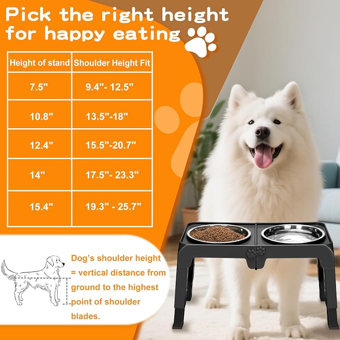 Elevated Dog Bowls for Large Dogs 5 Adjustable Heights 7.5"-15.4", 2 X-Large 10” Stainless Steel Bowls, Heavy Duty Raised Dog Bowl Stand Foldable Pet Feeder for Dogs Shoulder Height Over 15”, Black - Image 7