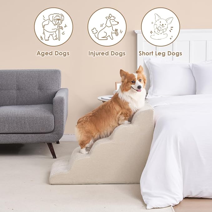EHEYCIGA Curved Dog Stairs Ramp for High Beds, 5-Step Extra Wide Dog Steps for Small Dogs and Cats, Pet Stairs for High Bed Climbing, Non-Slip Balanced Pet Step Indoor, Beige - Image 5