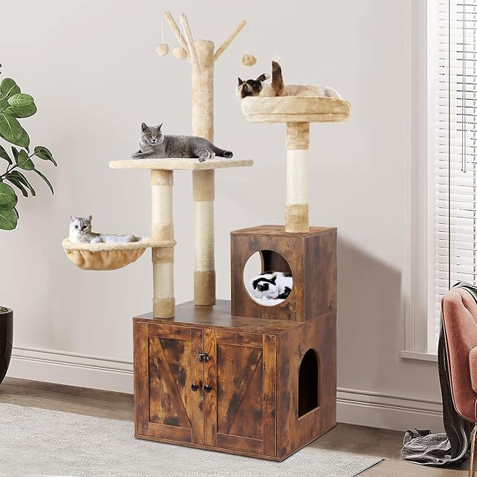 Timberer Cat Tree Tower with Litter Box Enclosure, 2-in-1 Wooden Cat Condo with Sisal Scratching Post, Hammock, Brown by Timberer