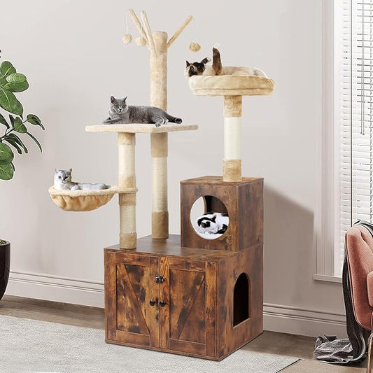 Timberer Cat Tree Tower with Litter Box Enclosure, 2-in-1 Wooden Cat Condo with Sisal Scratching Post, Hammock, Brown by Timberer