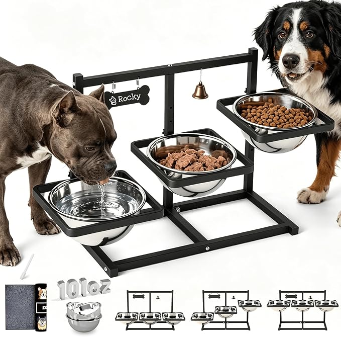 Extra Large Elevated Dog Bowl Stand for Multiple Dogs – 6 Height Adjustable Raised Stand with 3×101oz Stainless Steel Bowls & Non-Slip Mat for XLarge Breeds by ADENGL