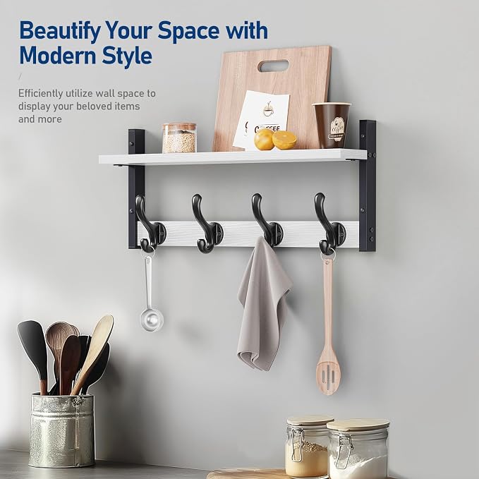 Tatub 20" Rustic Coat Rack Wall Mount with Shelf, Wall Hooks with Shelf, Heavy Duty Entryway Organizer Hangers for Hanging, Hat, Bag, Jacket for Bathroom, Living Room, Bedroom, White - Image 6