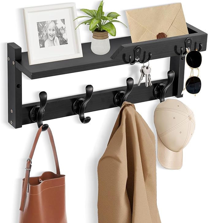 dreampossible Coat Rack Wall Mount with Shelf, Coat Hanger Wall Mount with Key Hooks and Mail Holder, Wood Entryway Floating Shelf with Hooks and Storage, Hat Rack for Wall Key Holder Mail Organizer by dreampossible