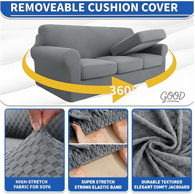 YEMYHOM Latest Checkered 4 Pieces Couch Covers for 3 Cushion Couch High Stretch Thickened Sofa Cover for Dogs Pets Elastic Slipcovers Living Room Furniture Protector (Light Gray), 71"-91"(3 Cushions) - Image 4