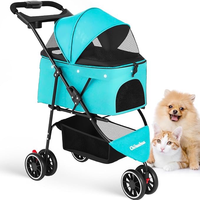 Pet Stroller,Dog Stroller for Small Medium Dogs Cats,3 Wheels,Foldable,with Breathable Mesh Canopy,Cup Holders,Easy Assembly,Mint Green